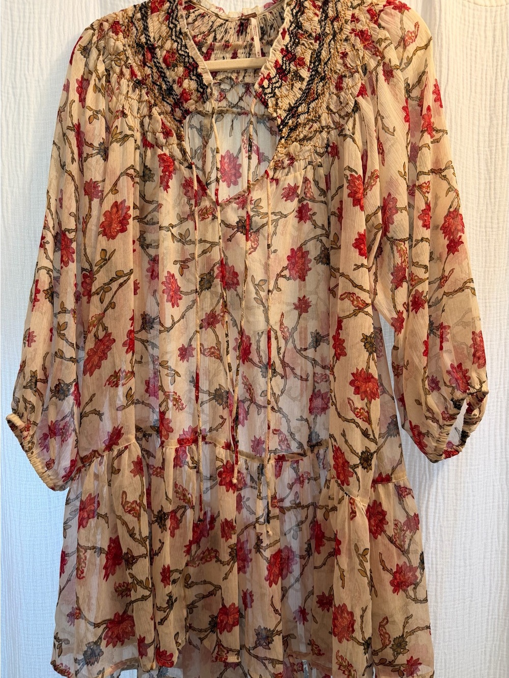 Free People Cream Sheer Floral Peasant Tunic with Red Blossoms